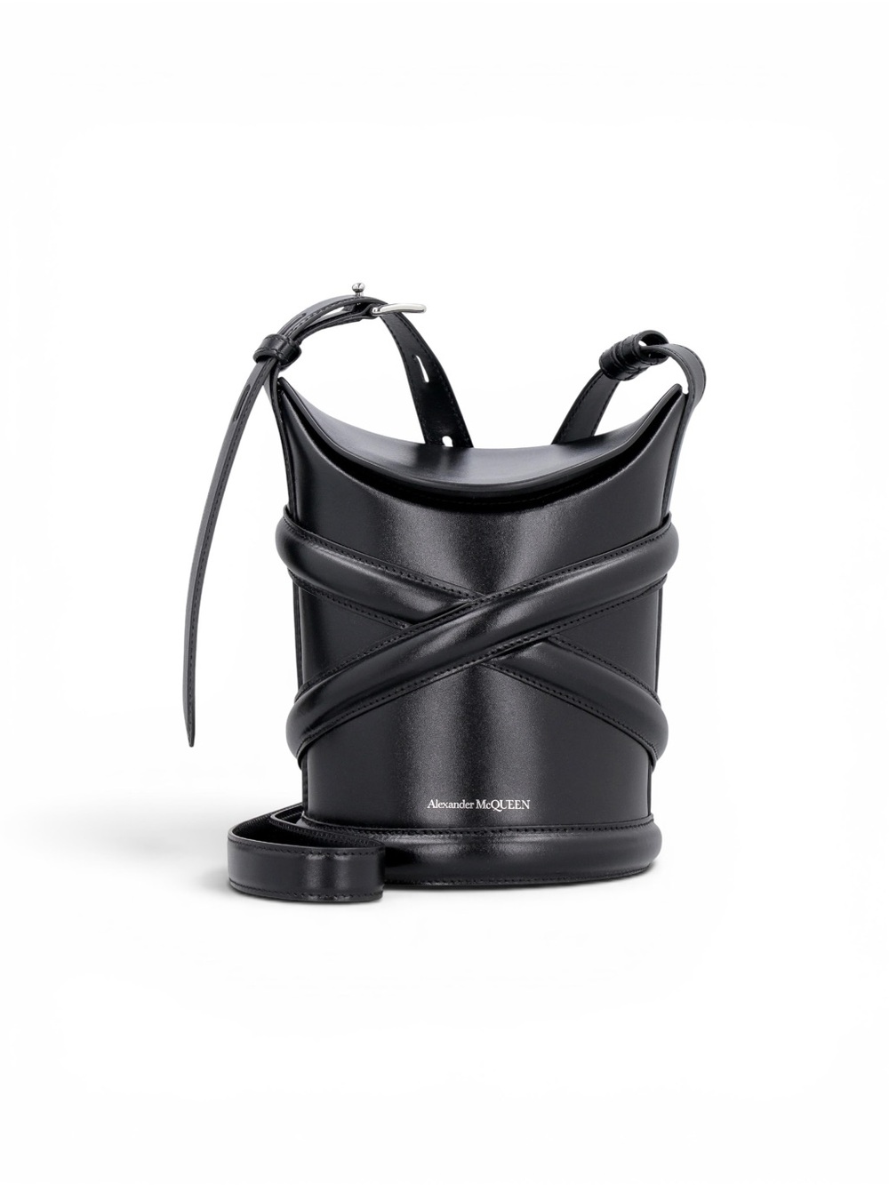 ALEXANDER MCQUEEN ‘The Curve’ Leather Crossbody Bucket Bag in Black